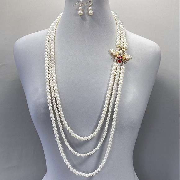 Bee Long Pearl Necklace Set, Opera Length Necklace w/ Earrings - Picture 1 of 3